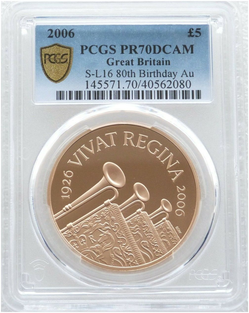 2006 Queen's 80th Birthday £5 Five Pound Gold Proof Coin PCGS PR70 DCAM