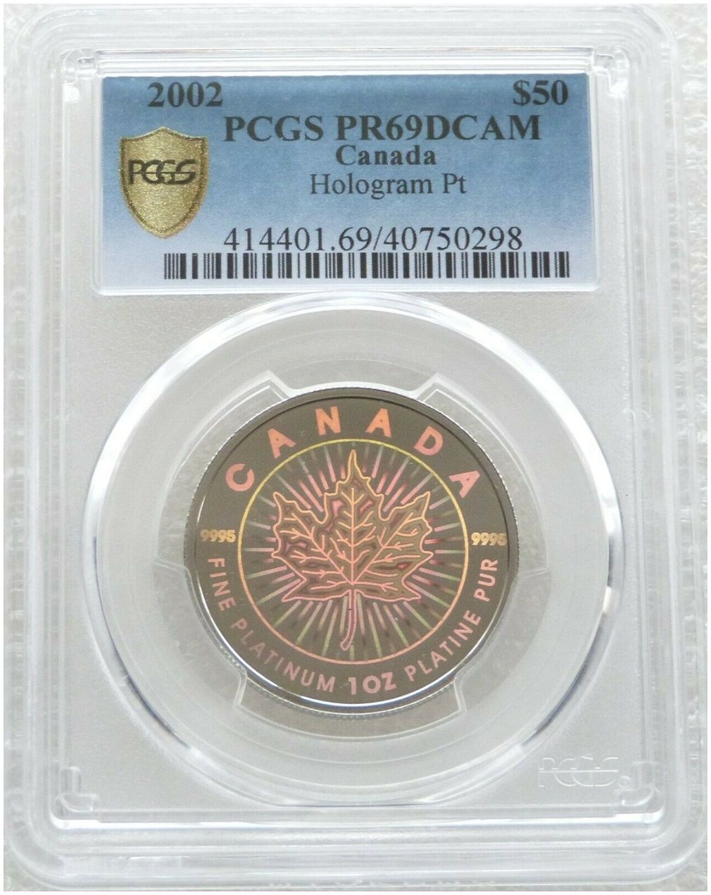 2002 Canada Maple Leaf Hologram $50 Platinum Proof 1oz Coin PCGS PR69 DCAM