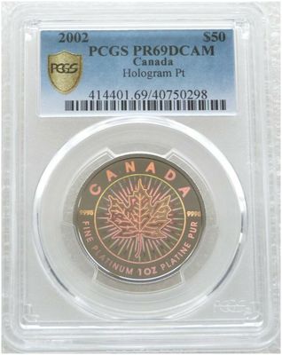 2002 Canada Maple Leaf Hologram $50 Platinum Proof 1oz Coin PCGS PR69 DCAM
