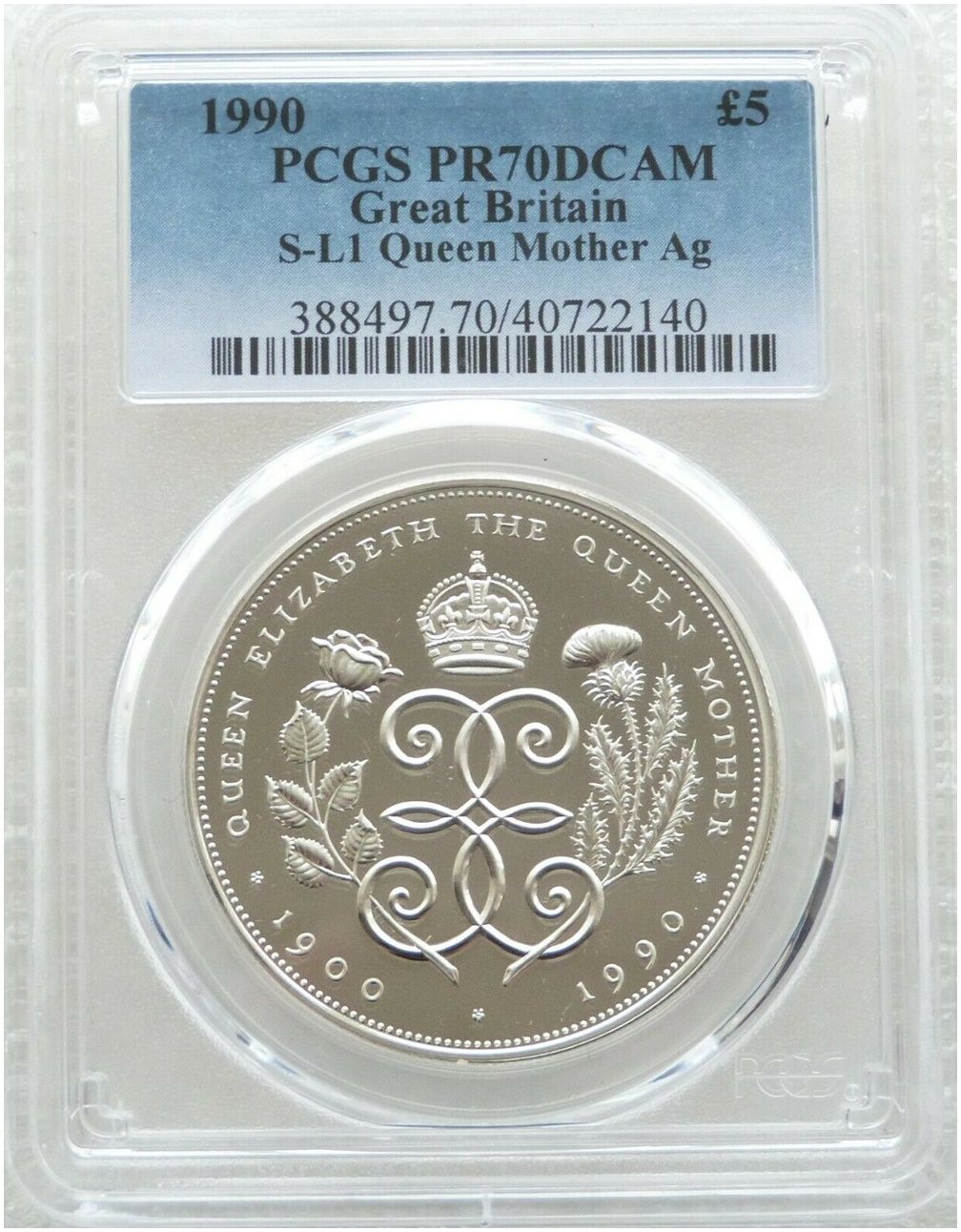 1990 Queen Mother 90th Birthday £5 Silver Proof Coin PCGS PR70 DCAM
