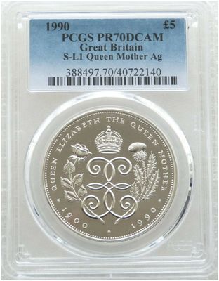 1990 Queen Mother 90th Birthday £5 Silver Proof Coin PCGS PR70 DCAM 1990 Queen Mother 90th Birthday £5 Silver Proof Coin PCGS PR70 DCAM