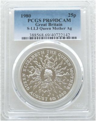 1980 Queen Mother 80th Birthday 25p Silver Proof Crown Coin PCGS PR69 DCAM 1980 Queen Mother 80th Birthday 25p Silver Proof Crown Coin PCGS PR69 DCAM