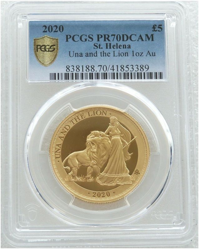 2020 Saint Helena Una and the Lion £5 Gold Proof 1oz Coin PCGS PR70 DCAM 2020 Saint Helena Una and the Lion £5 Gold Proof 1oz Coin PCGS PR70 DCAM