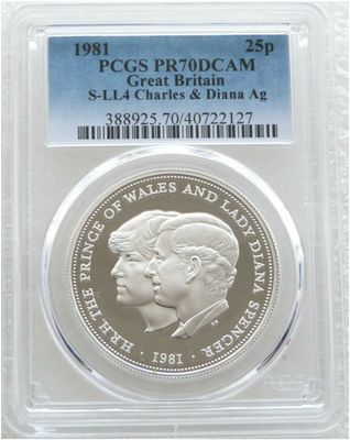 1981 Royal Wedding Prince Charles Lady Diana 25p Silver Proof Crown Coin PCGS PR70 DCAM