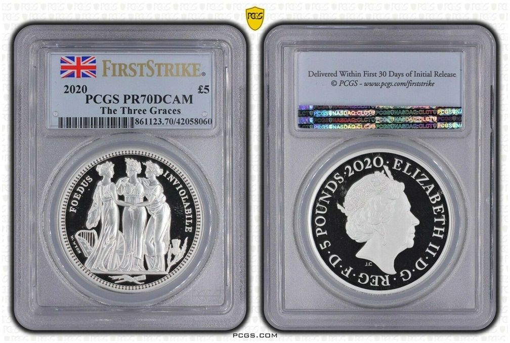 2020 Great Engravers Three Graces £5 Silver Proof 2oz Coin PCGS PR70 DCAM First Strike 2020 Great Engravers Three Graces £5 Silver Proof 2oz Coin PCGS PR70 DCAM First Strike