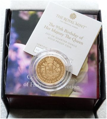 2021 Queen's 95th Birthday £25 Gold Proof 1/4oz Coin Box Coa