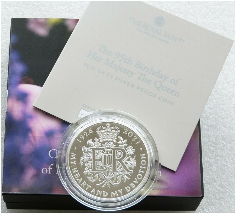 2021 Queen's 95th Birthday £5 Silver Proof Coin Box Coa