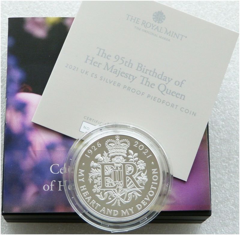 2021 Queen's 95th Birthday Piedfort £5 Silver Proof Coin Box Coa