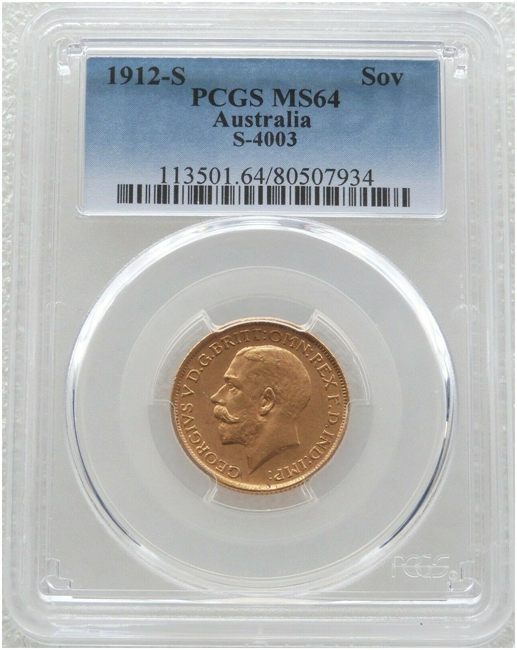 1912-S Australia Sydney George V Full Sovereign Gold Coin PCGS MS64 1912-S Australia Sydney George V Full Sovereign Gold Coin PCGS MS64