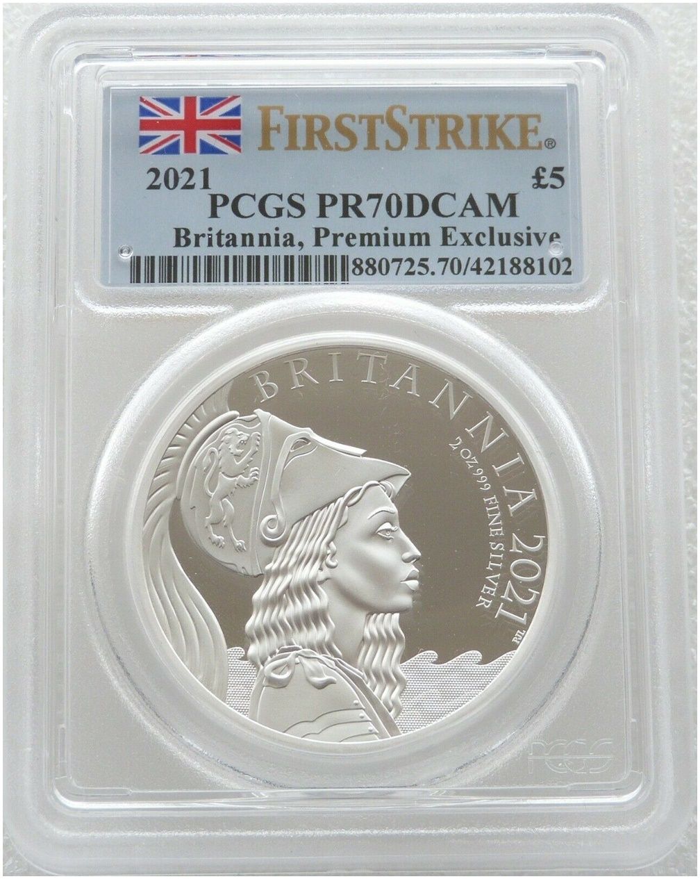2021 Britannia Premium £5 Silver Proof 2oz Coin PCGS PR70 DCAM First Strike 2021 Britannia Premium £5 Silver Proof 2oz Coin PCGS PR70 DCAM First Strike