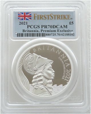 2021 Britannia Premium £5 Silver Proof 2oz Coin PCGS PR70 DCAM First Strike 2021 Britannia Premium £5 Silver Proof 2oz Coin PCGS PR70 DCAM First Strike