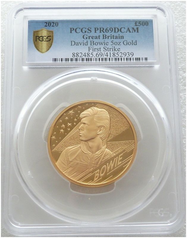 2020 Music Legends David Bowie £500 Gold Proof 5oz Coin PCGS PR69 DCAM First Strike 2020 Music Legends David Bowie £500 Gold Proof 5oz Coin PCGS PR69 DCAM First Strike