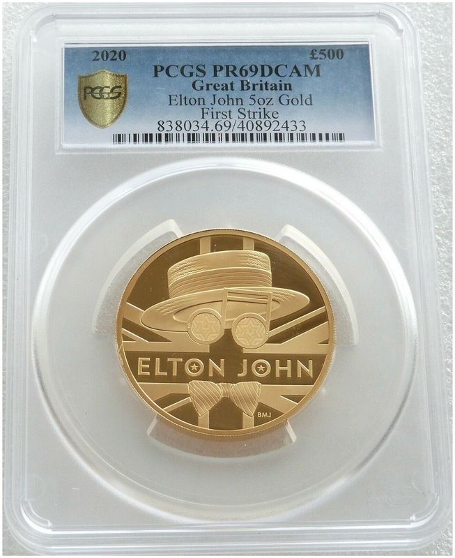 2020 Music Legends Elton John £500 Gold Proof 5oz Coin PCGS PR69 DCAM First Strike 2020 Music Legends Elton John £500 Gold Proof 5oz Coin PCGS PR69 DCAM First Strike
