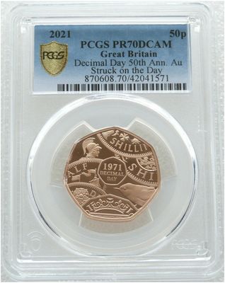 2021 Struck on the Day Decimal Day 50p Gold Proof Coin PCGS PR70 DCAM 2021 Struck on the Day Decimal Day 50p Gold Proof Coin PCGS PR70 DCAM