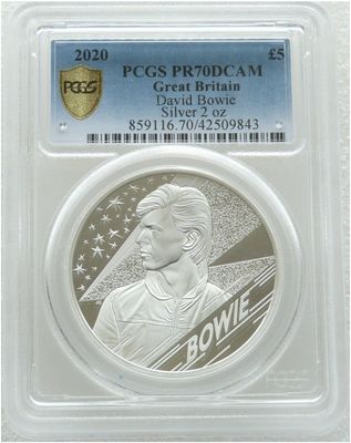 2020 Music Legends David Bowie £5 Silver Proof 2oz Coin PCGS PR70 DCAM 2020 Music Legends David Bowie £5 Silver Proof 2oz Coin PCGS PR70 DCAM