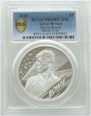 2020 Music Legends David Bowie £5 Silver Proof 2oz Coin PCGS PR69 DCAM 2020 Music Legends David Bowie £5 Silver Proof 2oz Coin PCGS PR69 DCAM