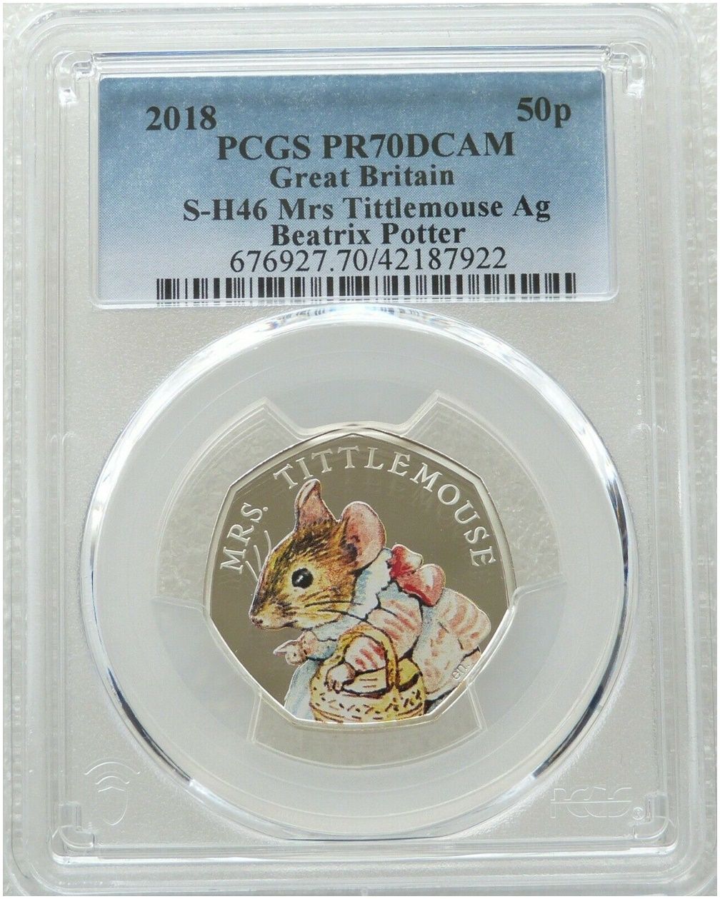 2018 Mrs Tittlemouse 50p Silver Proof Coin PCGS PR70 DCAM 2018 Mrs Tittlemouse 50p Silver Proof Coin PCGS PR70 DCAM