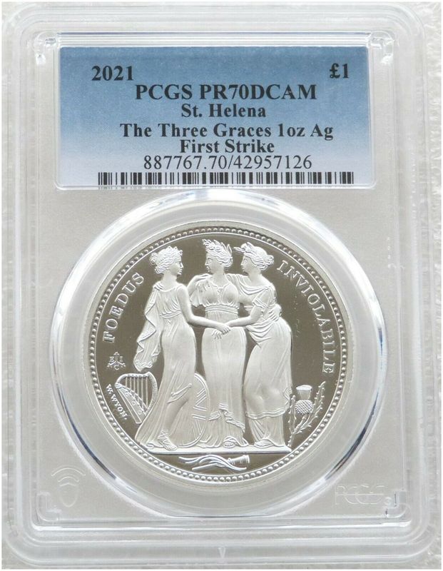2021 Saint Helena Three Graces £1 Silver Proof 1oz Coin PCGS PR70 DCAM First Strike 2021 Saint Helena Three Graces £1 Silver Proof 1oz Coin PCGS PR70 DCAM First Strike