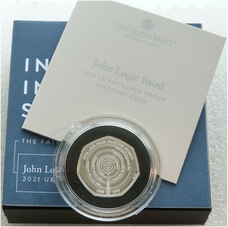 2021 John Logie Baird Piedfort 50p Silver Proof Coin Box Coa