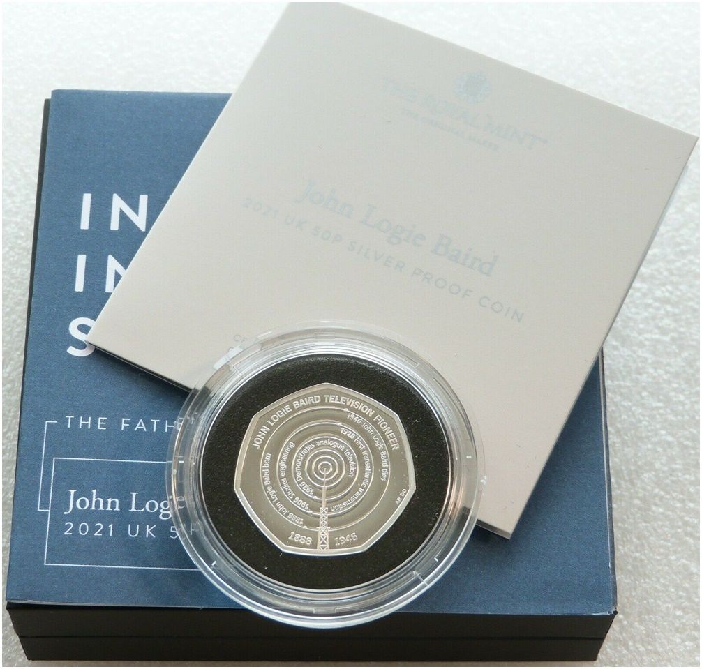 2021 John Logie Baird 50p Silver Proof Coin Box Coa