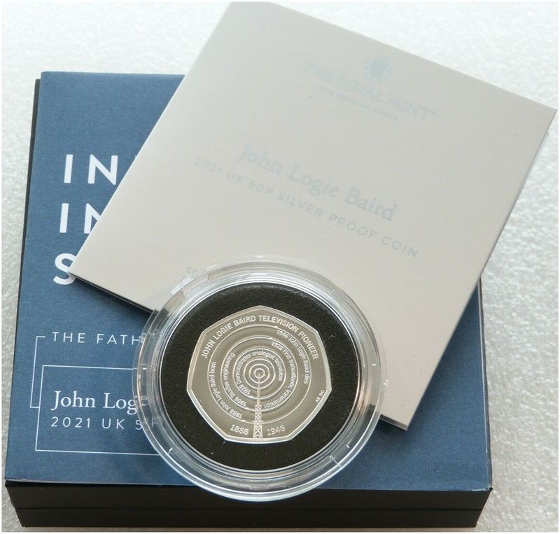 2021 John Logie Baird 50p Silver Proof Coin Box Coa