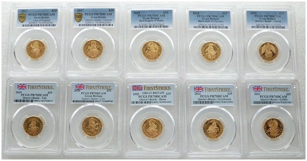 2017 - 2021 Queen's Beasts £25 Gold Proof 10 Coin Set PCGS PR70 DCAM First Strike 2017 - 2021 Queen's Beasts £25 Gold Proof 10 Coin Set PCGS PR70 DCAM First Strike