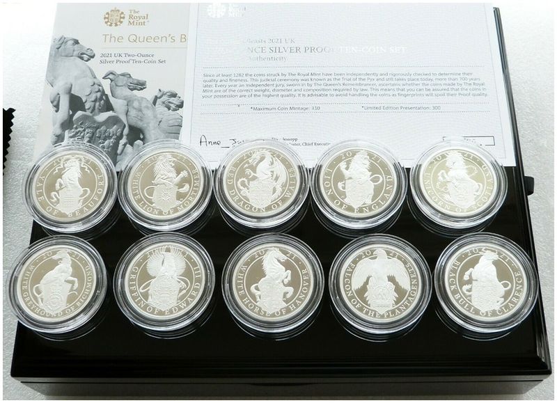 2021 Queen's Beasts £5 Silver Proof 10 Coin Set Box Coa - Last Set in Stock