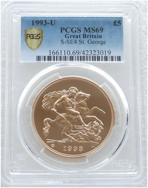 1993-U St George and the Dragon £5 Five Pound Sovereign Gold Coin PCGS MS69 1993-U St George and the Dragon £5 Five Pound Sovereign Gold Coin PCGS MS69