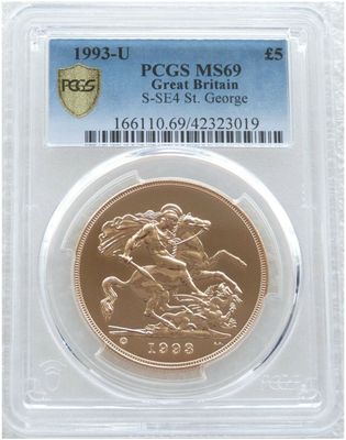 1993-U St George and the Dragon £5 Five Pound Sovereign Gold Coin PCGS MS69 1993-U St George and the Dragon £5 Five Pound Sovereign Gold Coin PCGS MS69