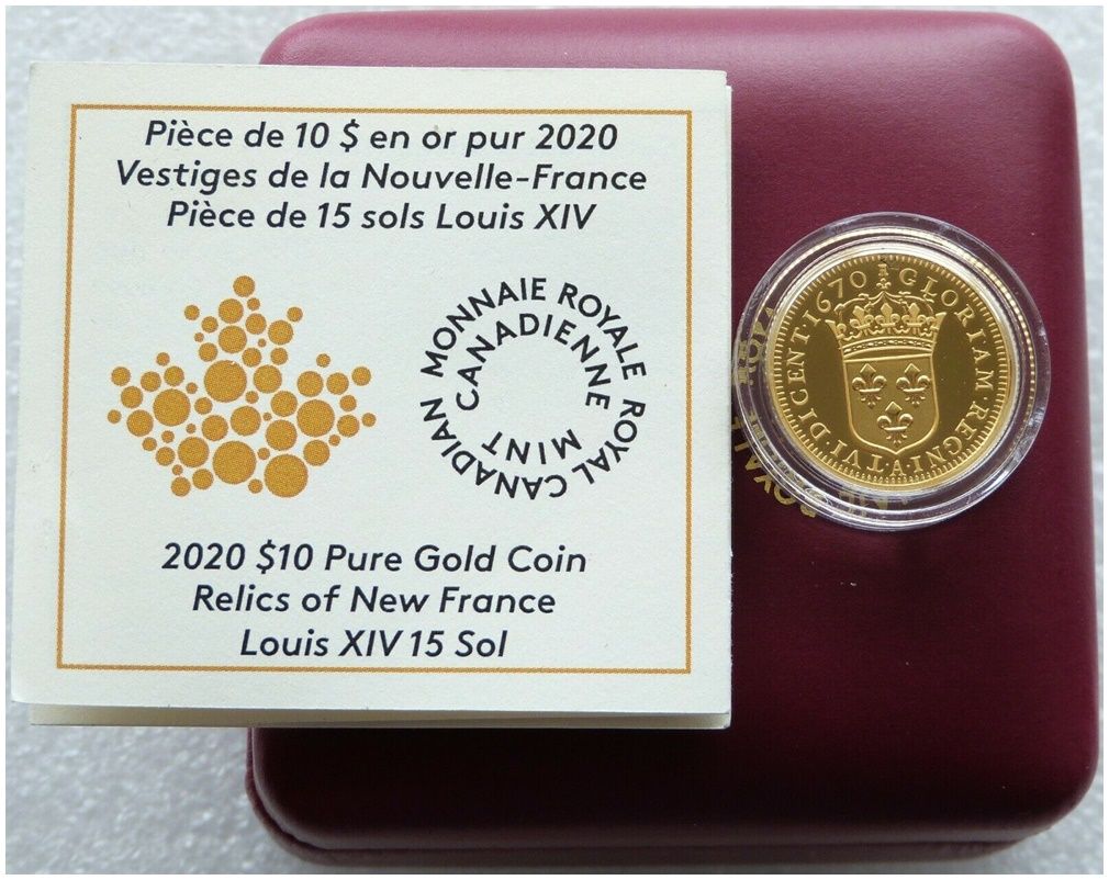 2020 Canada Relics of New France Louis XIV $10 Gold Proof 1/4oz Coin Box Coa 2020 Canada Relics of New France Louis XIV $10 Gold Proof 1/4oz Coin Box Coa