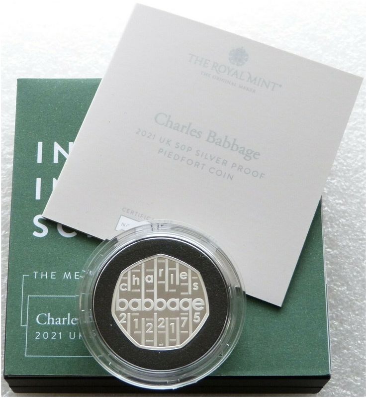 2021 Charles Babbage Piedfort 50p Silver Proof Coin Box Coa