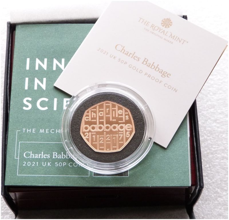 2021 Charles Babbage 50p Gold Proof Coin Box Coa