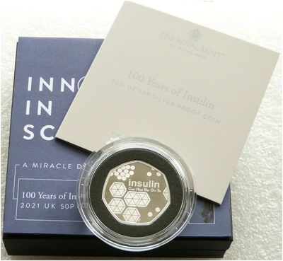 2021 Insulin 50p Silver Proof Coin Box Coa