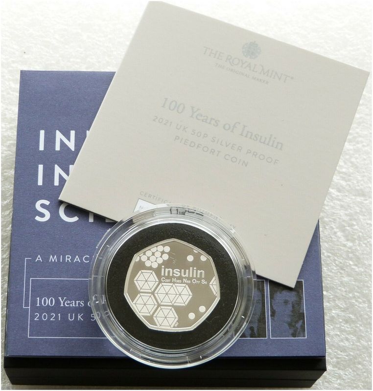 2021 Insulin Piedfort 50p Silver Proof Coin Box Coa