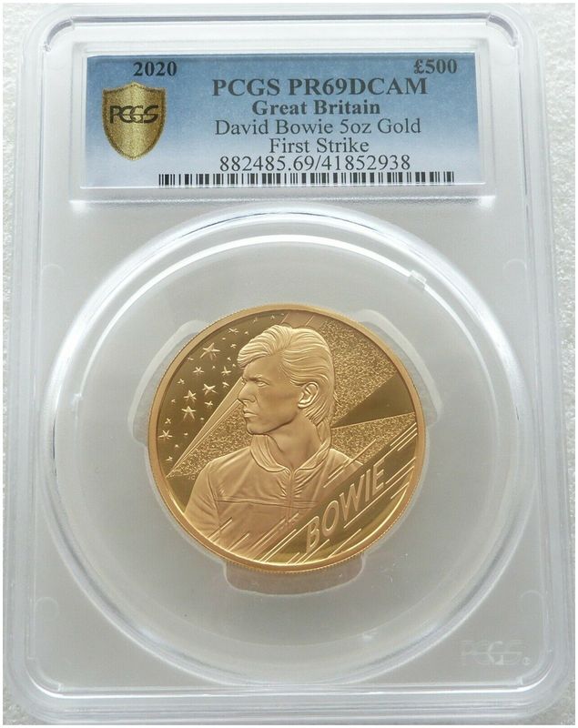 2020 Music Legends David Bowie £500 Gold Proof 5oz Coin PCGS PR69 DCAM First Strike Cert Number 01 2020 Music Legends David Bowie £500 Gold Proof 5oz Coin PCGS PR69 DCAM First Strike Cert Number 01