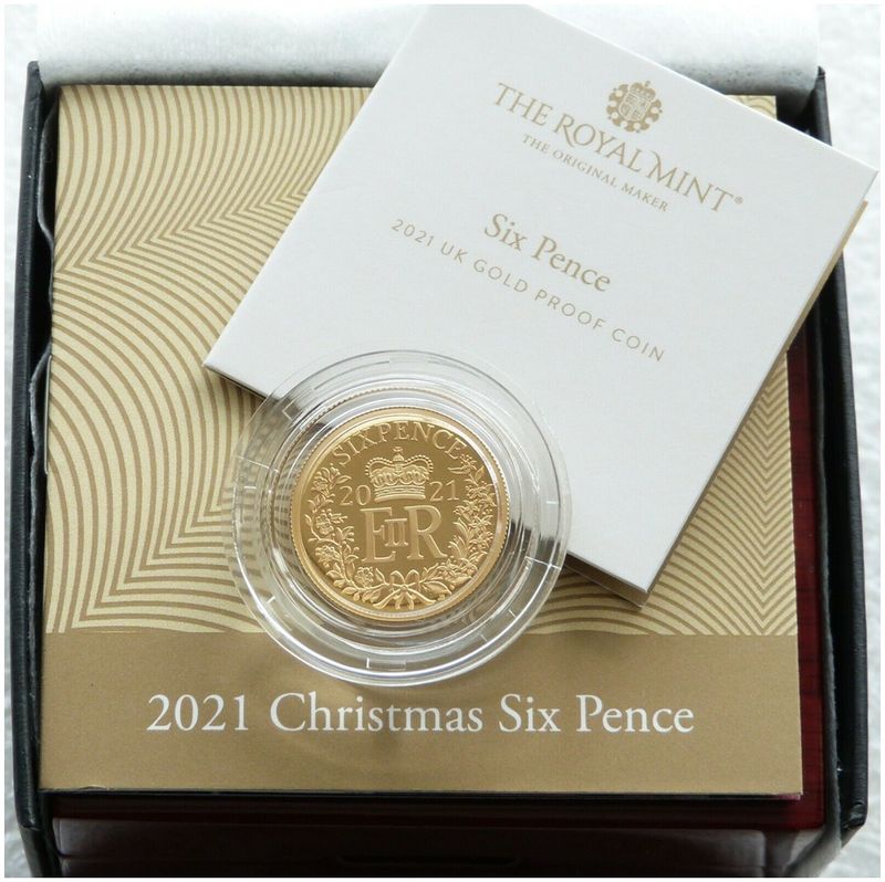 2021 Elizabeth II Christmas 6D Sixpence Yellow Gold Proof Coin Box Coa 2021 Elizabeth II Christmas 6D Sixpence Yellow Gold Proof Coin Box Coa