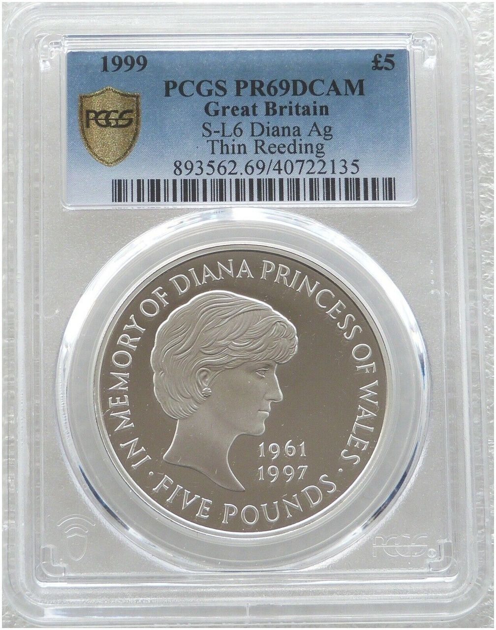 1999 Lady Diana Memorial £5 Silver Proof Coin PCGS PR69 DCAM Mint Error Thin Reeding 1999 Lady Diana Memorial £5 Silver Proof Coin PCGS PR69 DCAM Mint Error Thin Reeding