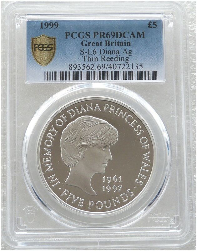 1999 Lady Diana Memorial £5 Silver Proof Coin PCGS PR69 DCAM Mint Error Thin Reeding