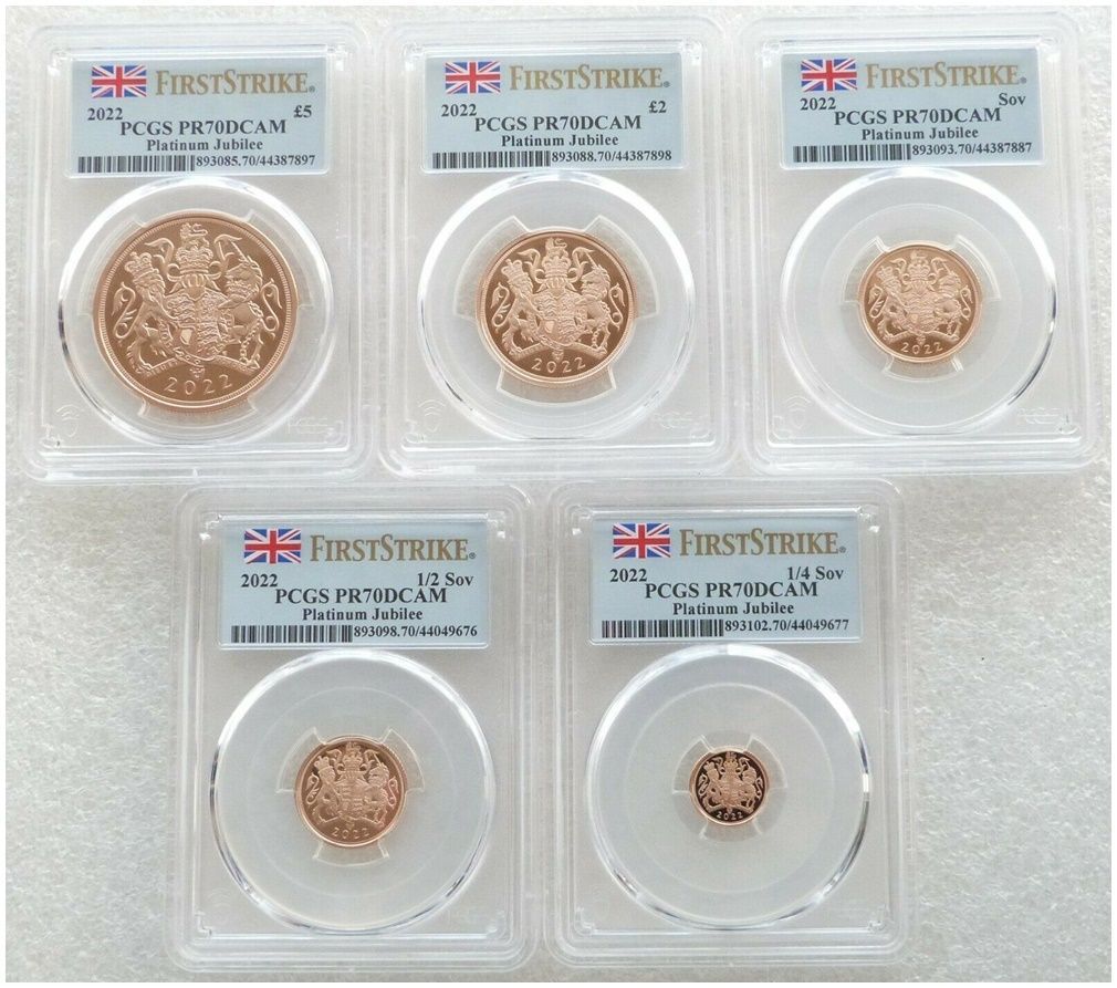2022 Platinum Jubilee Sovereign Gold Proof 5 Coin Set PCGS PR70 DCAM First Strike