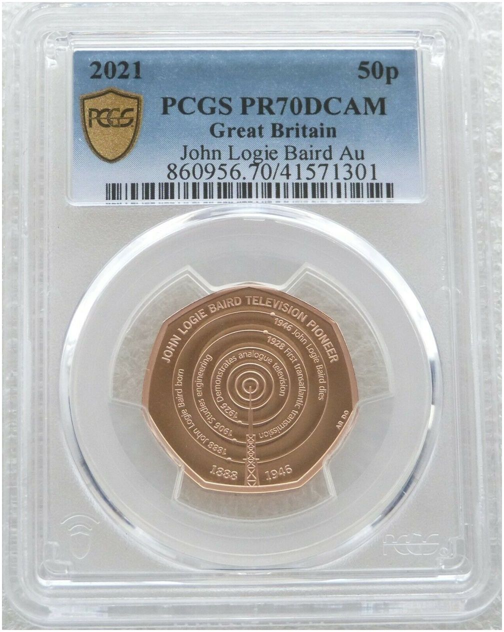2021 John Logie Baird 50p Gold Proof Coin PCGS PR70 DCAM 2021 John Logie Baird 50p Gold Proof Coin PCGS PR70 DCAM