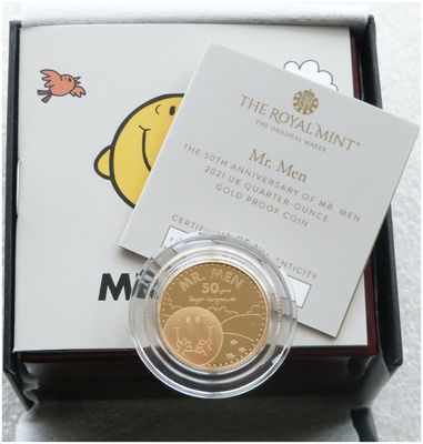 2021 Mr Men Little Miss Mr Happy £25 Gold Proof 1/4oz Coin Box Coa