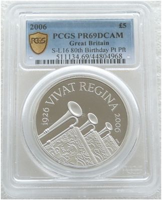 2006 Queen's 80th Birthday Piedfort £5 Platinum Proof 3oz Coin PCGS PR69 DCAM 2006 Queen's 80th Birthday Piedfort £5 Platinum Proof 3oz Coin PCGS PR69 DCAM