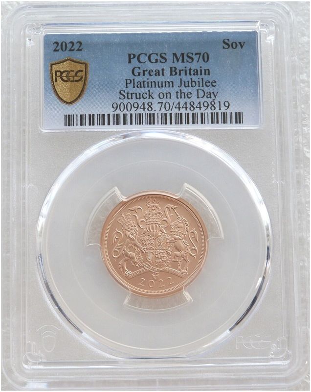 2022 Struck on the Day Platinum Jubilee Full Sovereign Gold Matte Coin PCGS MS70 - Plain Edge 2022 Struck on the Day Platinum Jubilee Full Sovereign Gold Matte Coin PCGS MS70 - Plain Edge