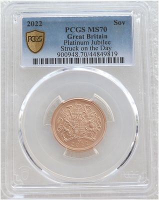 2022 Struck on the Day Platinum Jubilee Full Sovereign Gold Matte Coin PCGS MS70 - Plain Edge 2022 Struck on the Day Platinum Jubilee Full Sovereign Gold Matte Coin PCGS MS70 - Plain Edge