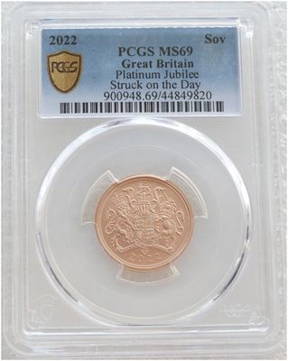 2022 Struck on the Day Platinum Jubilee Full Sovereign Gold Matte Coin PCGS MS69 - Plain Edge 2022 Struck on the Day Platinum Jubilee Full Sovereign Gold Matte Coin PCGS MS69 - Plain Edge