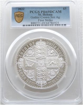 2022 Saint Helena Gothic Crown £5 Silver Proof 5oz Coin PCGS PR69 DCAM First Strike 2022 Saint Helena Gothic Crown £5 Silver Proof 5oz Coin PCGS PR69 DCAM First Strike