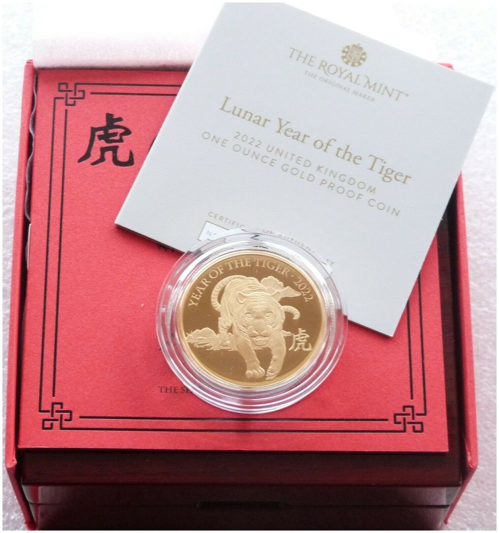 2022 British Lunar Tiger £100 Gold Proof 1oz Coin Box Coa 2022 British Lunar Tiger £100 Gold Proof 1oz Coin Box Coa