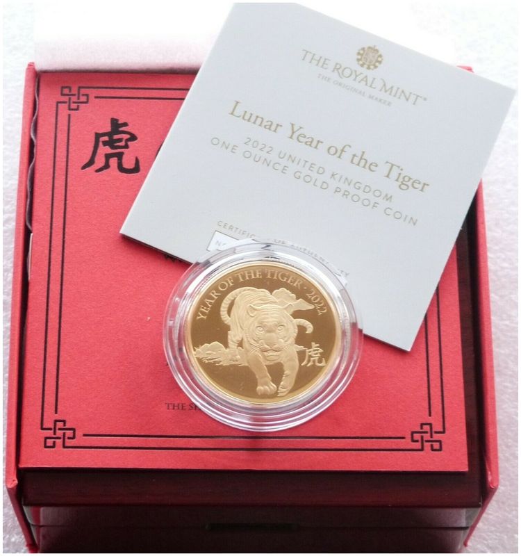 2022 British Lunar Tiger £100 Gold Proof 1oz Coin Box Coa