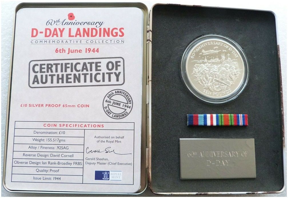 2004 Guernsey D-Day Landings £10 Silver Proof 5oz Coin Box Coa 2004 Guernsey D-Day Landings £10 Silver Proof 5oz Coin Box Coa
