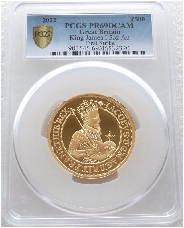 2022 British Monarchs King James I £500 Gold Proof 5oz Coin PCGS PR69 DCAM First Strike 2022 British Monarchs King James I £500 Gold Proof 5oz Coin PCGS PR69 DCAM First Strike